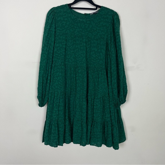 NWOT ZARA TEXTURED TIERED MINI DRESS WITH SLEEVES IN GREEN SIZE XS - Picture 8 of 16